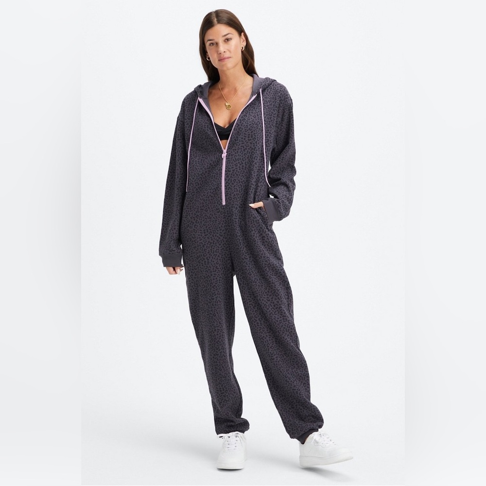 Forever Fleece Hooded Onesie Pewter Two Tone Leopard/Orchid